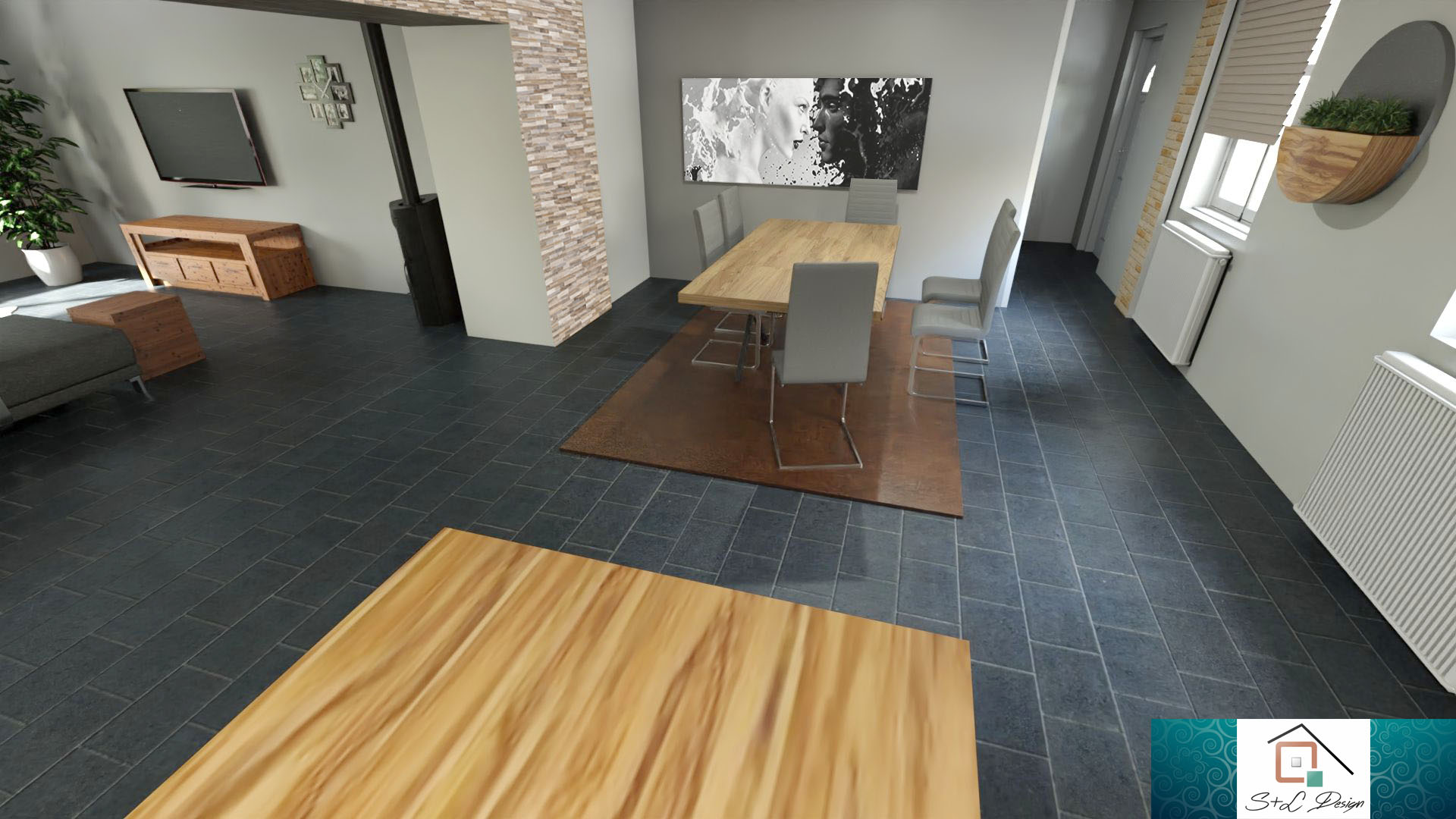 Vue 3D de la cuisine vers la salle