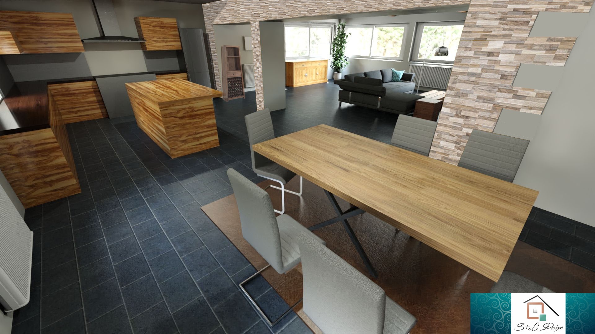 Vue 3D de la salle vers la cuisine