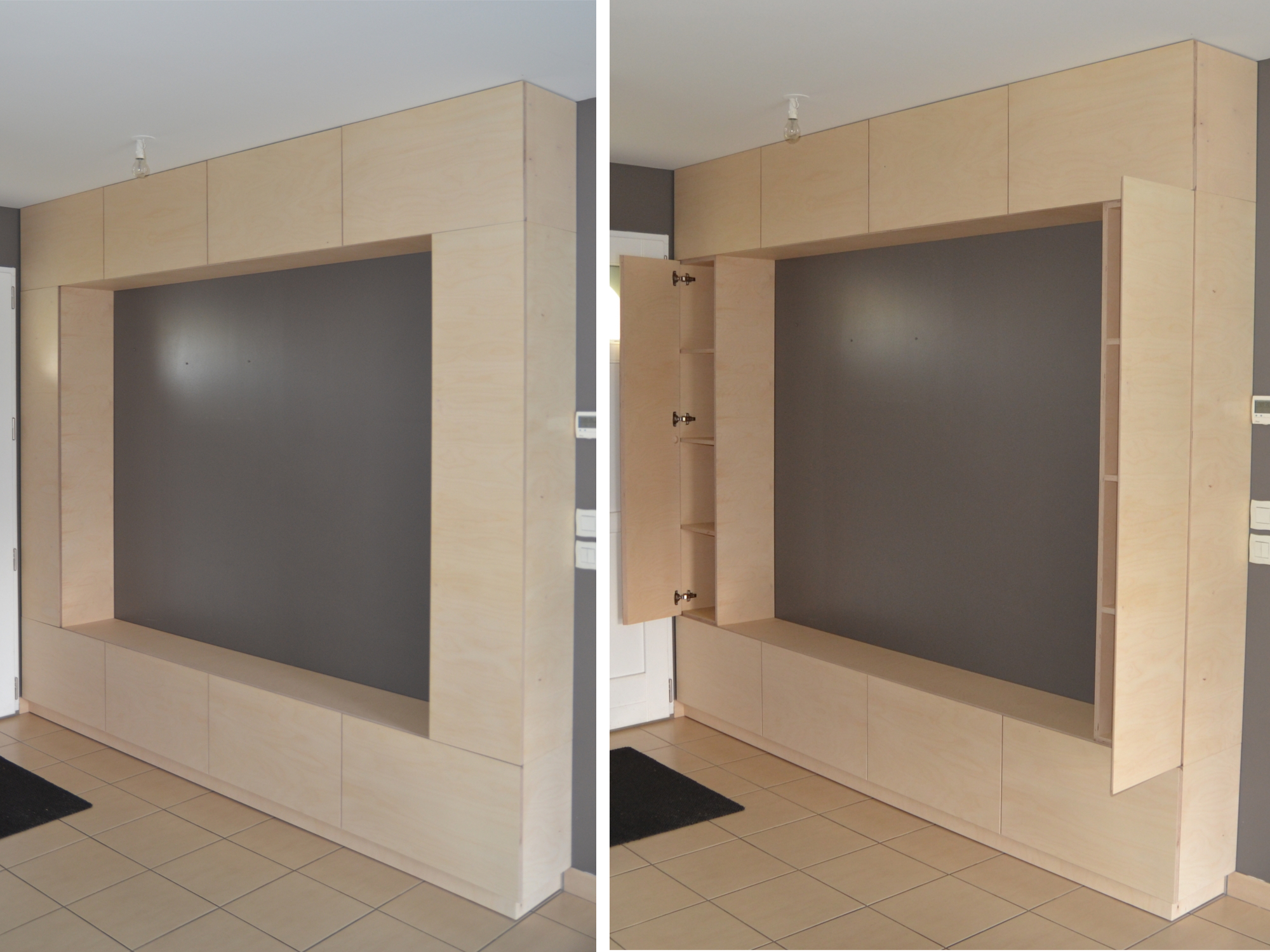 Aménagement range chaussures et banquette en contreplaqué bouleau