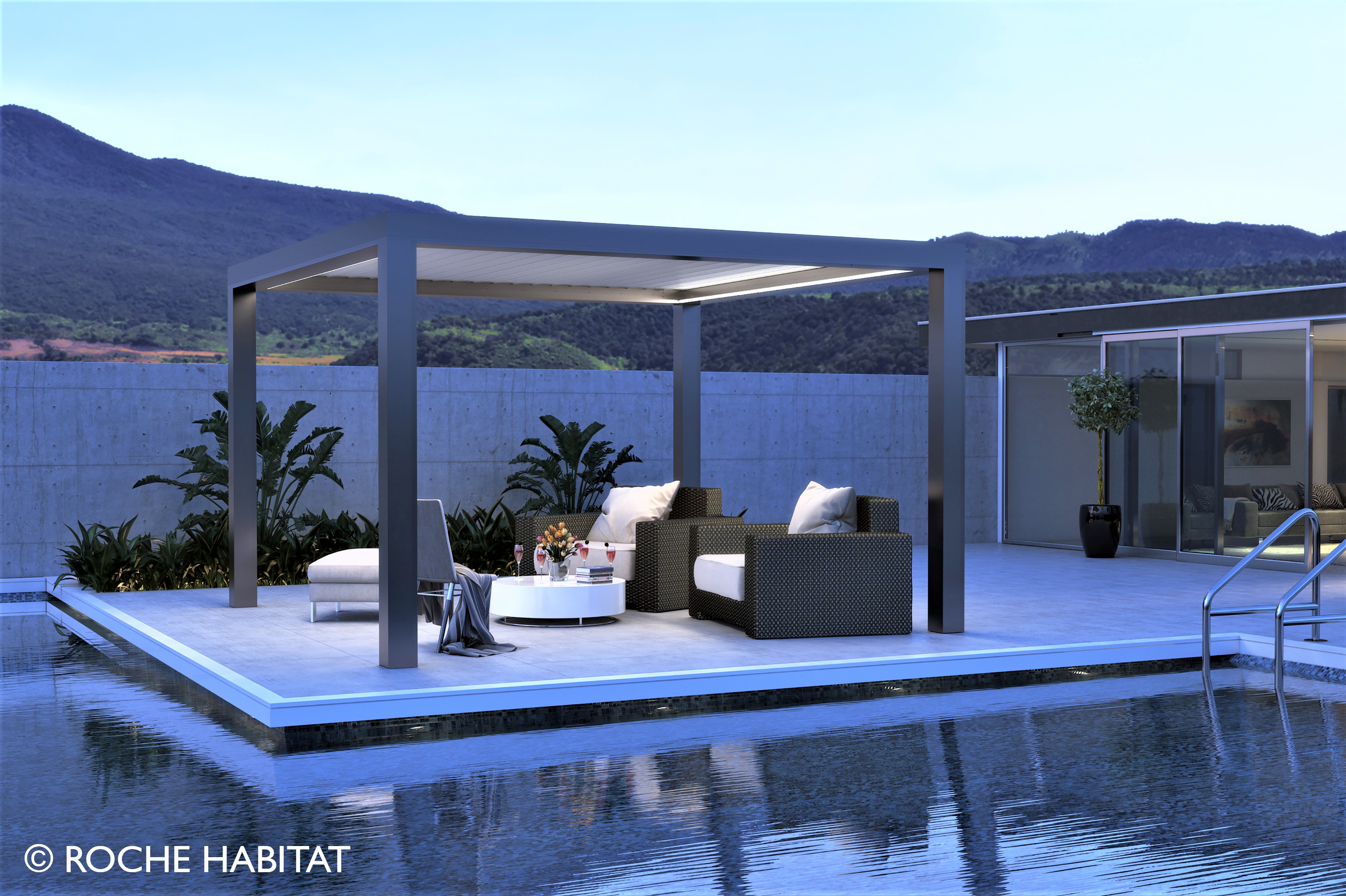 Pergola à lames orientables, éclairage LEDS